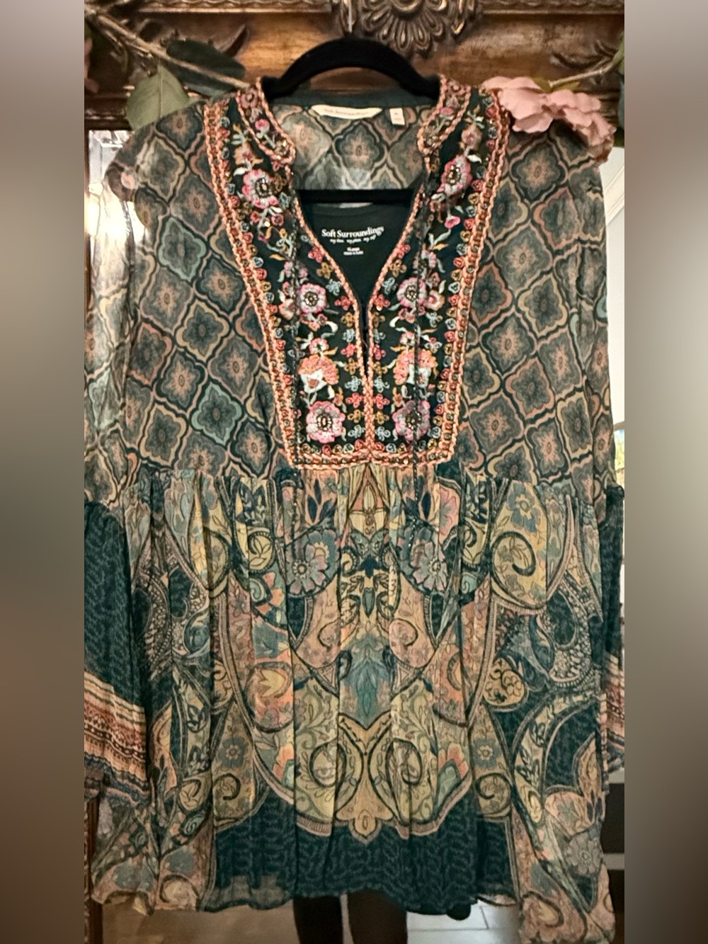 Soft Surroundings Green Paisley Embroidered Boho Tunic
